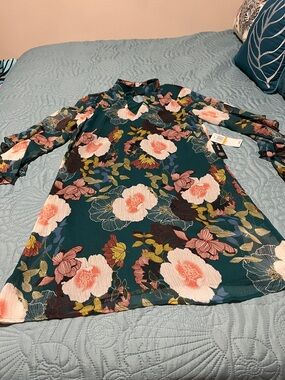 As U Wish Green Floral Long Sleeve Shift Dress with Blue & White Accents